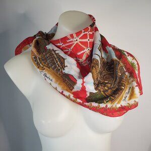Vintage Red Gold Scarf Made in Italy Eiffel Tower Arc de Triumph Moulin Rouge